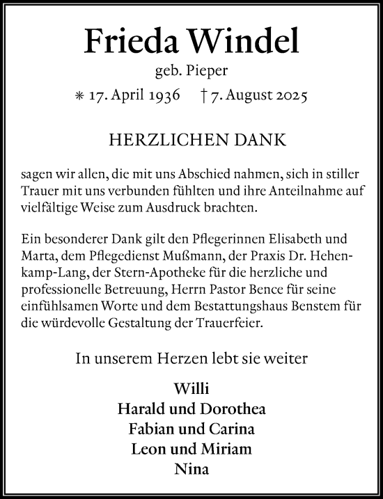 Traueranzeige von Frieda Windel von Göttinger Tageblatt