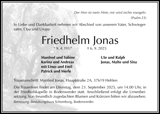Traueranzeige von Friedhelm Jonas von Täglicher Anzeiger Holzminden