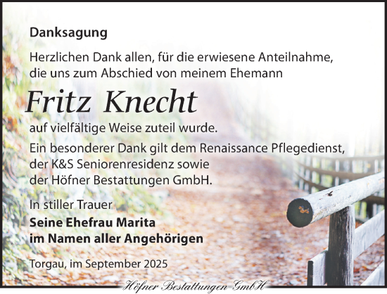 Traueranzeige von Fritz Knecht von Torgauer Zeitung