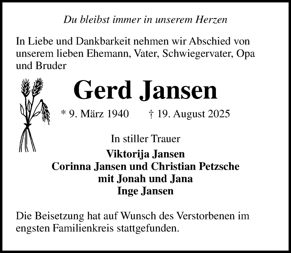  Traueranzeige für Gerd Jansen vom 31.08.2025 aus Lübecker Nachrichten