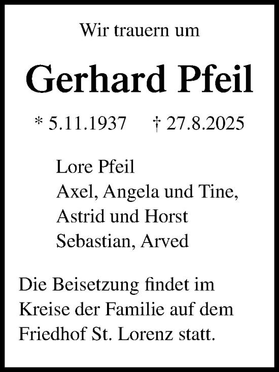 Traueranzeige von Gerhard Pfeil von Lübecker Nachrichten