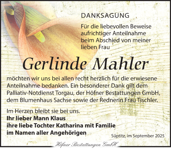Traueranzeige von Gerlinde Mahler von Torgauer Zeitung