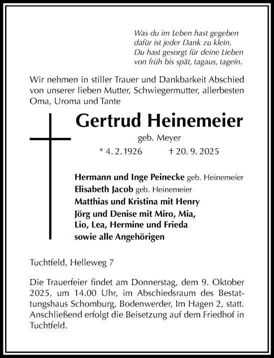 Traueranzeige von Gertrud Heinemeier von Täglicher Anzeiger Holzminden