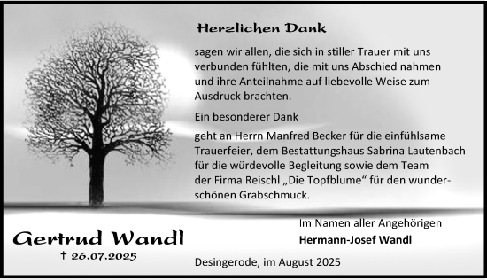 Traueranzeige von Gertrud Wandl von Eichsfelder Tageblatt