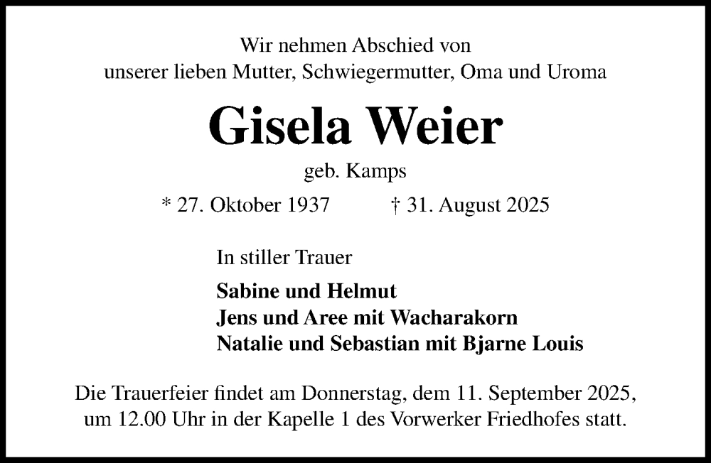  Traueranzeige für Gisela Weier vom 07.09.2025 aus Lübecker Nachrichten