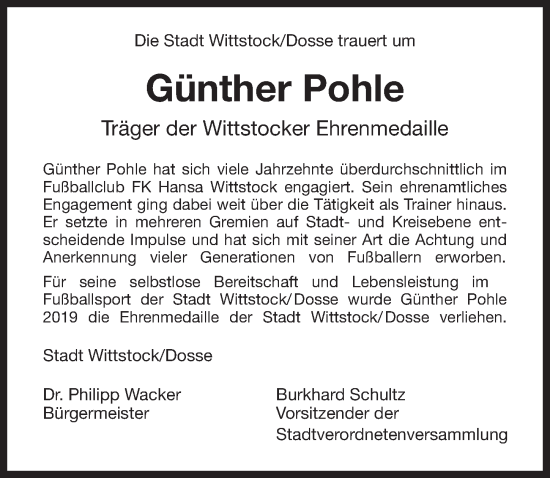 Traueranzeige von Günther Pohle von Wochenspiegel