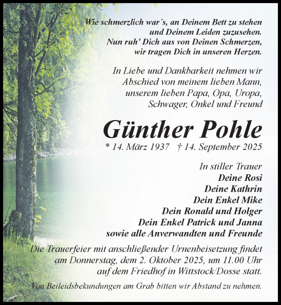 Traueranzeige von Günther Pohle von Wochenspiegel