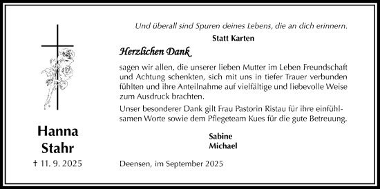 Traueranzeige von Hanna Stahr von Täglicher Anzeiger Holzminden