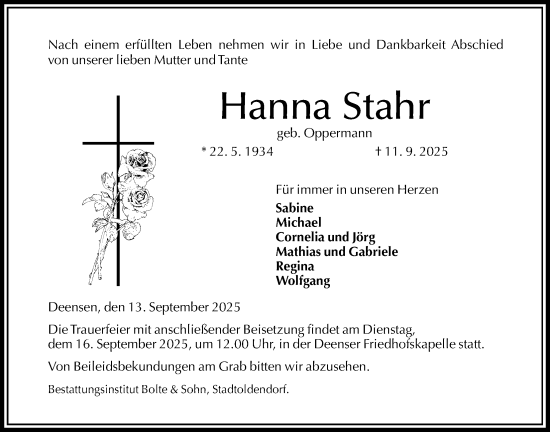 Traueranzeige von Hanna Stahr von Täglicher Anzeiger Holzminden