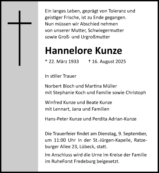 Traueranzeige von Hannelore Kunze von Lübecker Nachrichten