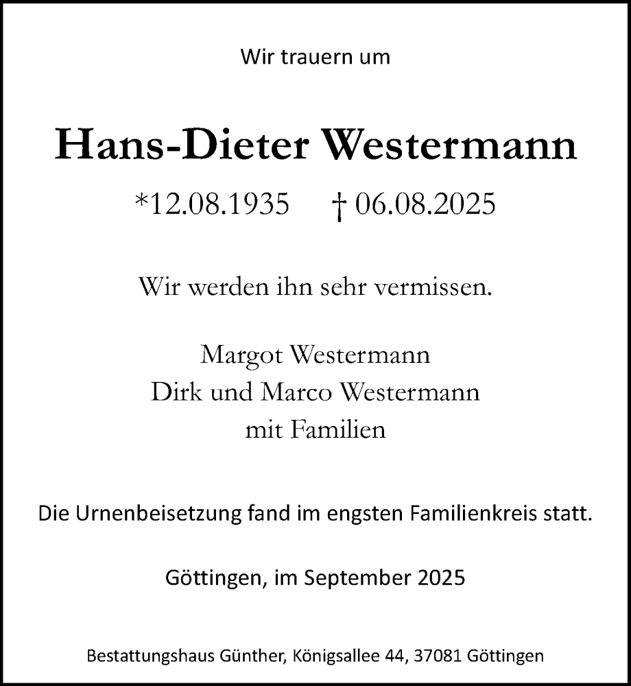  Traueranzeige für Hans-Dieter Westermann vom 20.09.2025 aus Göttinger Tageblatt