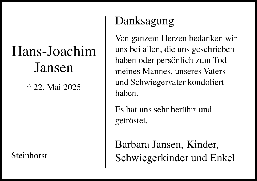  Traueranzeige für Hans-Joachim Jansen vom 31.08.2025 aus Lübecker Nachrichten