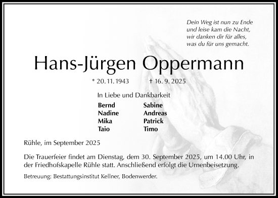 Traueranzeige von Hans-Jürgen Oppermann von Täglicher Anzeiger Holzminden