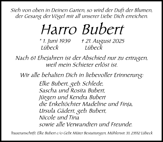Traueranzeige von Harro Bubert von Lübecker Nachrichten