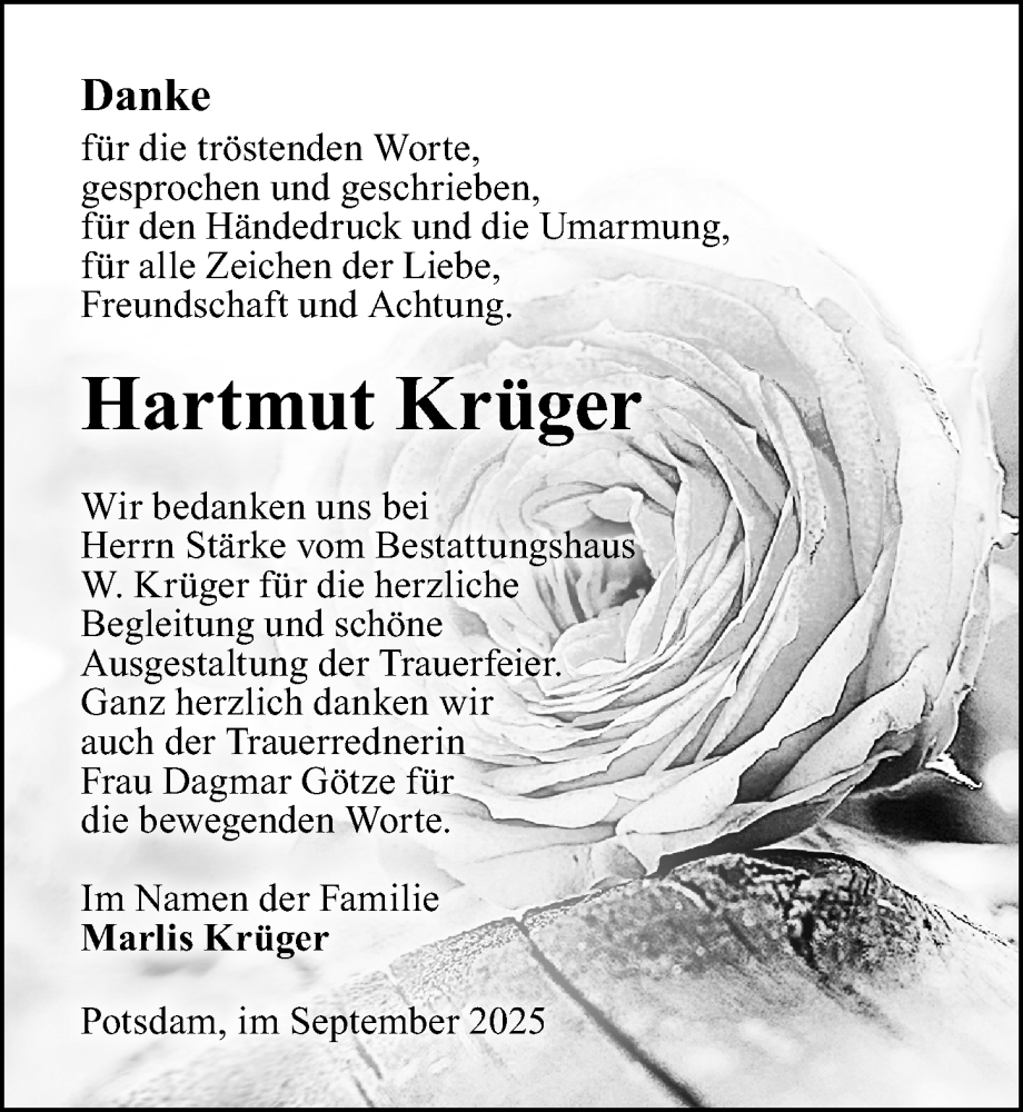  Traueranzeige für Hartmut Krüger vom 13.09.2025 aus Märkischen Allgemeine Zeitung