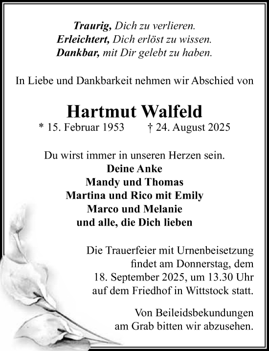 Traueranzeige von Hartmut Walfeld von Wochenspiegel