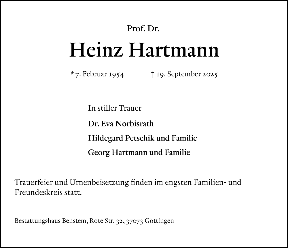  Traueranzeige für Heinz Hartmann vom 27.09.2025 aus Göttinger Tageblatt