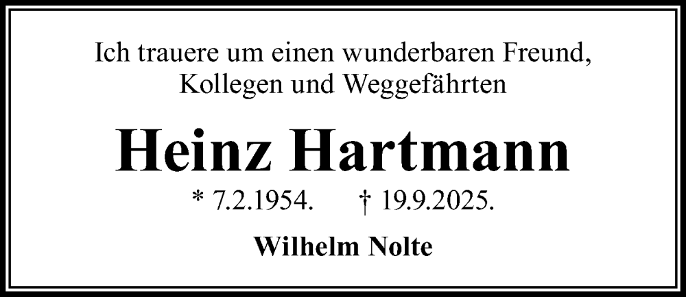 Traueranzeige für Heinz Hartmann vom 27.09.2025 aus Göttinger Tageblatt