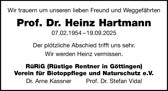Traueranzeige von Heinz Hartmann von Göttinger Tageblatt