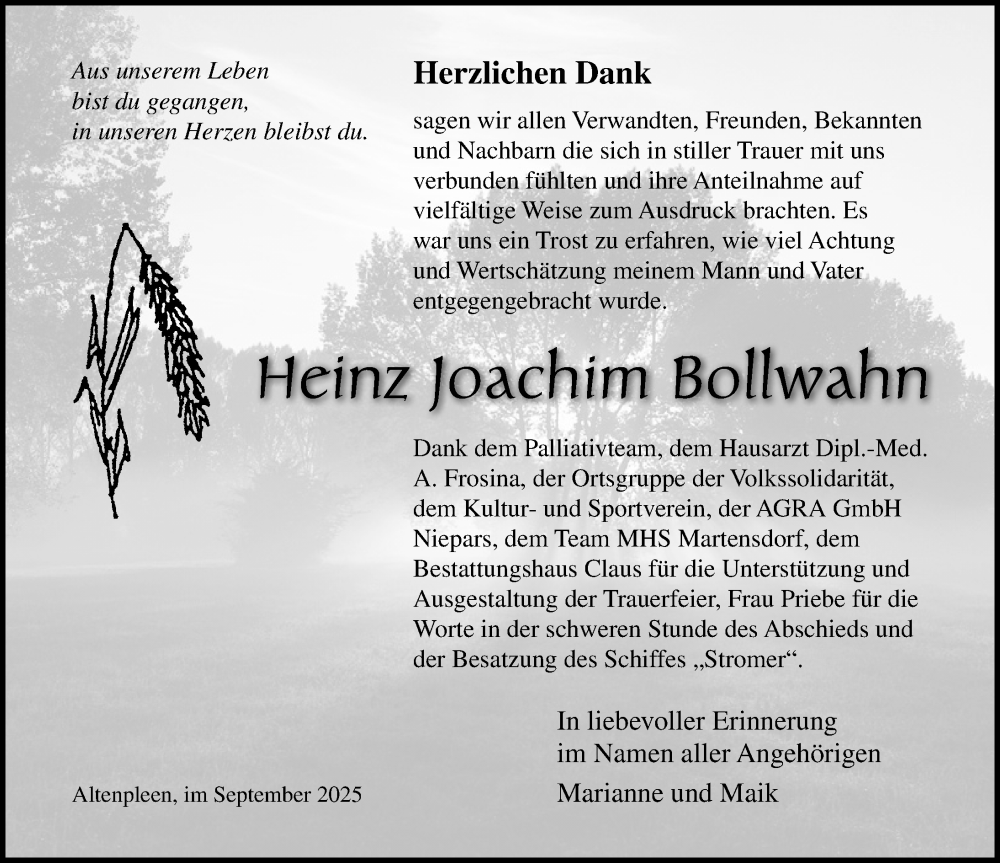  Traueranzeige für Heinz Joachim Bollwahn vom 13.09.2025 aus Ostsee-Zeitung GmbH