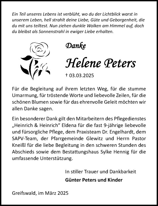 Traueranzeige von Helene Peters von Ostsee-Zeitung GmbH