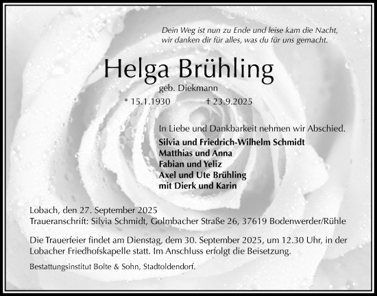 Traueranzeige von Helga Brühling von Täglicher Anzeiger Holzminden
