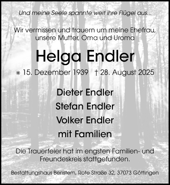 Traueranzeige von Helga Endler von Göttinger Tageblatt