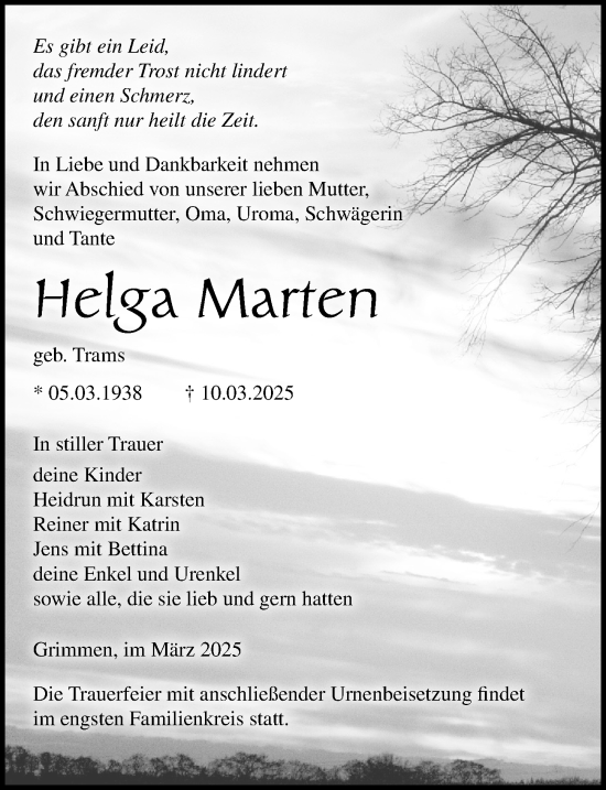 Traueranzeige von Helga Marten von Ostsee-Zeitung GmbH
