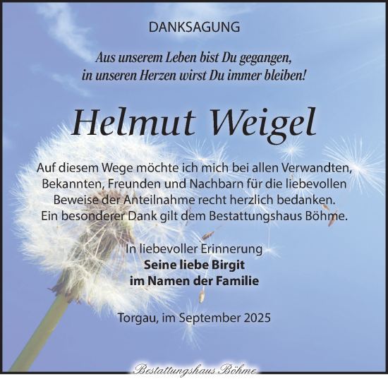 Traueranzeige von Helmut Weigel von Torgauer Zeitung