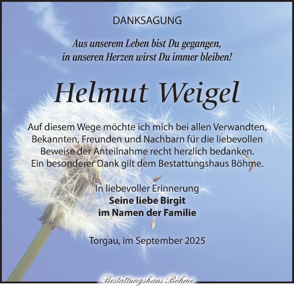  Traueranzeige für Helmut Weigel vom 14.09.2025 aus Torgauer Zeitung