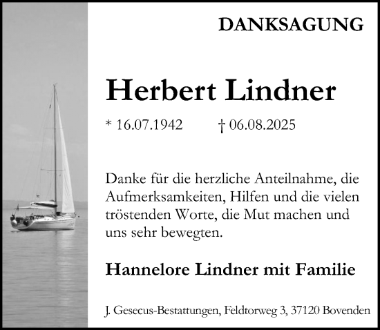 Traueranzeige von Herbert Lindner von Göttinger Tageblatt