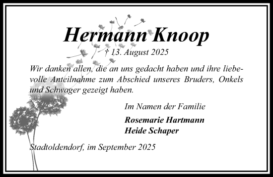 Traueranzeige von Hermann Knoop von Täglicher Anzeiger Holzminden