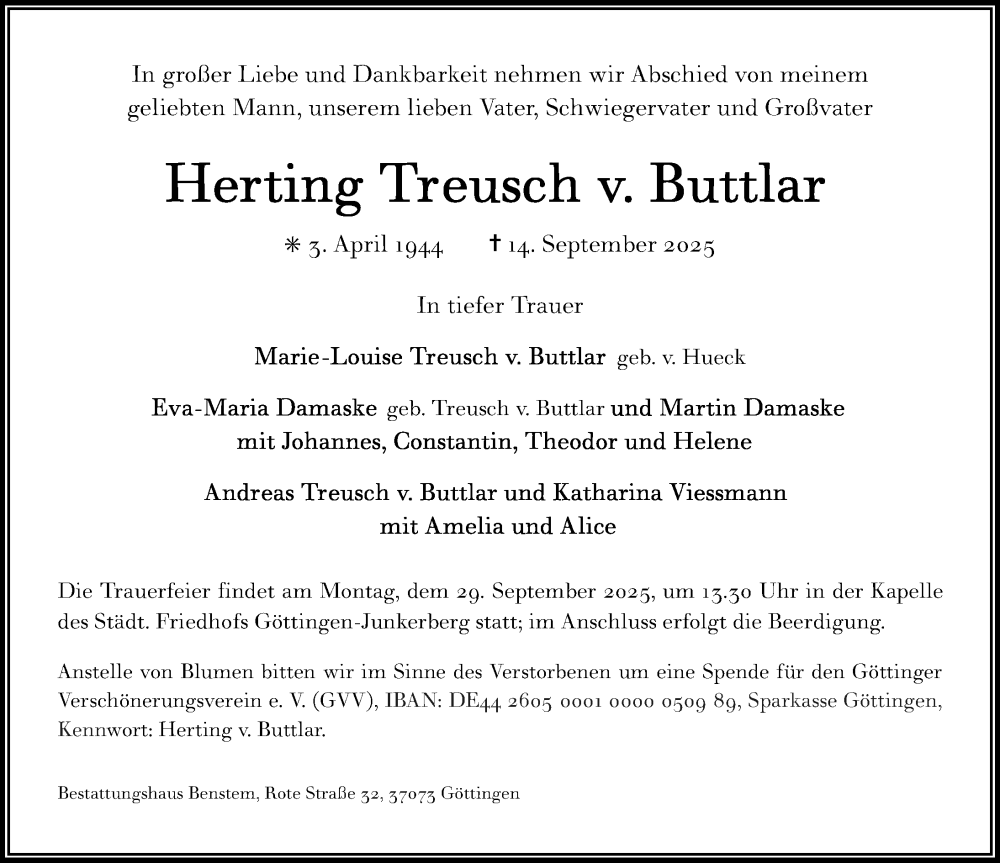  Traueranzeige für Herting Treusch v. Buttlar vom 20.09.2025 aus Göttinger Tageblatt