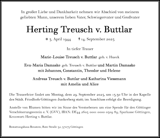 Traueranzeige von Herting Treusch v. Buttlar von Göttinger Tageblatt