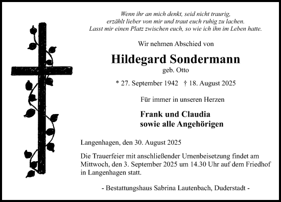 Traueranzeige von Hildegard Sondermann von Eichsfelder Tageblatt