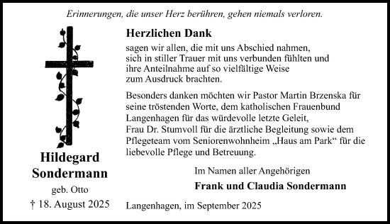 Traueranzeige von Hildegard Sondermann von Eichsfelder Tageblatt