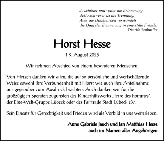 Traueranzeige von Horst Hesse von Lübecker Nachrichten