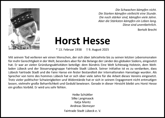 Traueranzeige von Horst Hesse von Lübecker Nachrichten