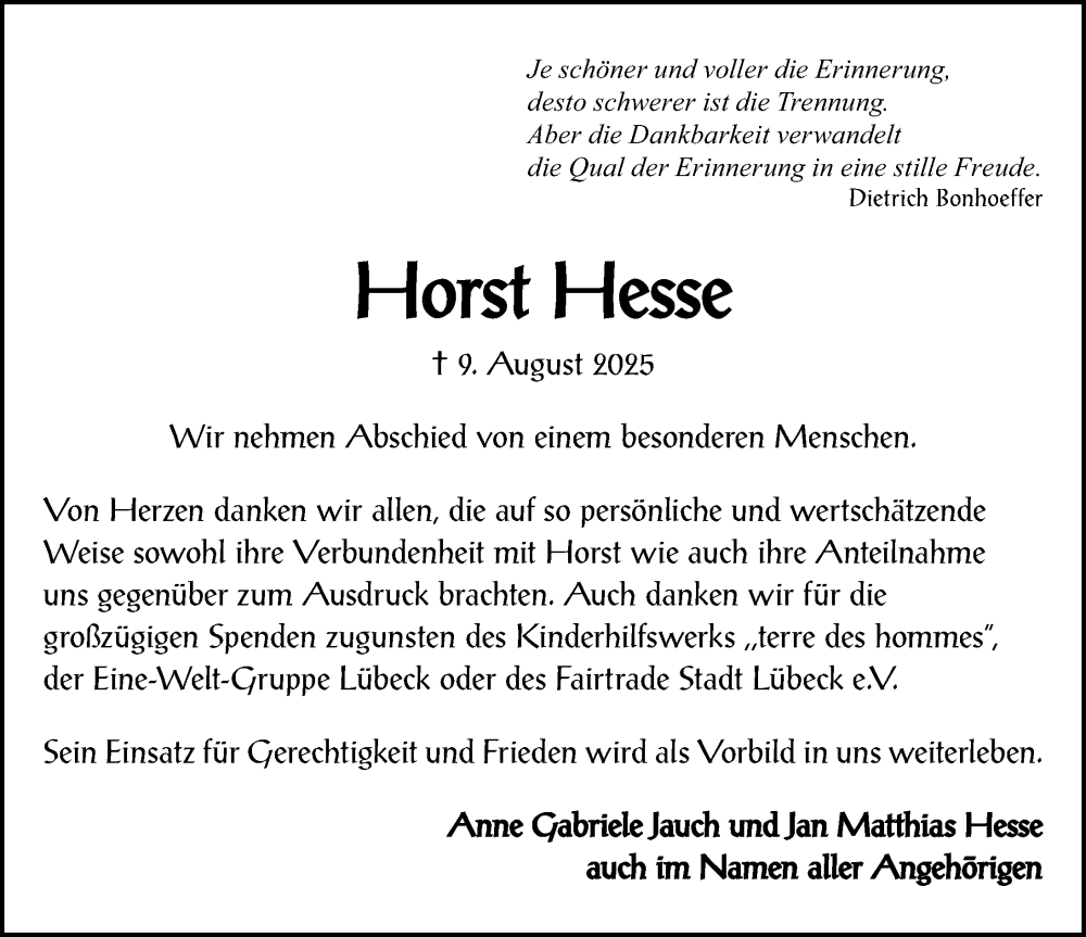  Traueranzeige für Horst Hesse vom 28.09.2025 aus Lübecker Nachrichten