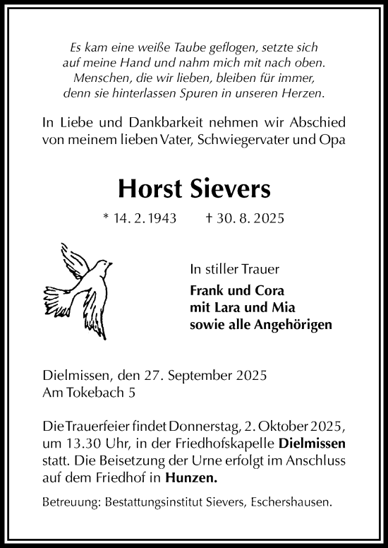 Traueranzeige von Horst Sievers von Täglicher Anzeiger Holzminden