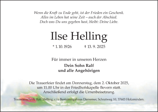 Traueranzeige von Ilse Helling von Täglicher Anzeiger Holzminden