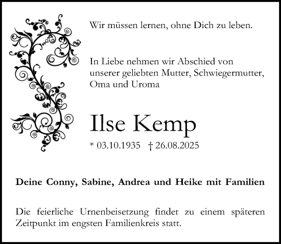 Traueranzeige von Ilse Kemp von Wochenspiegel