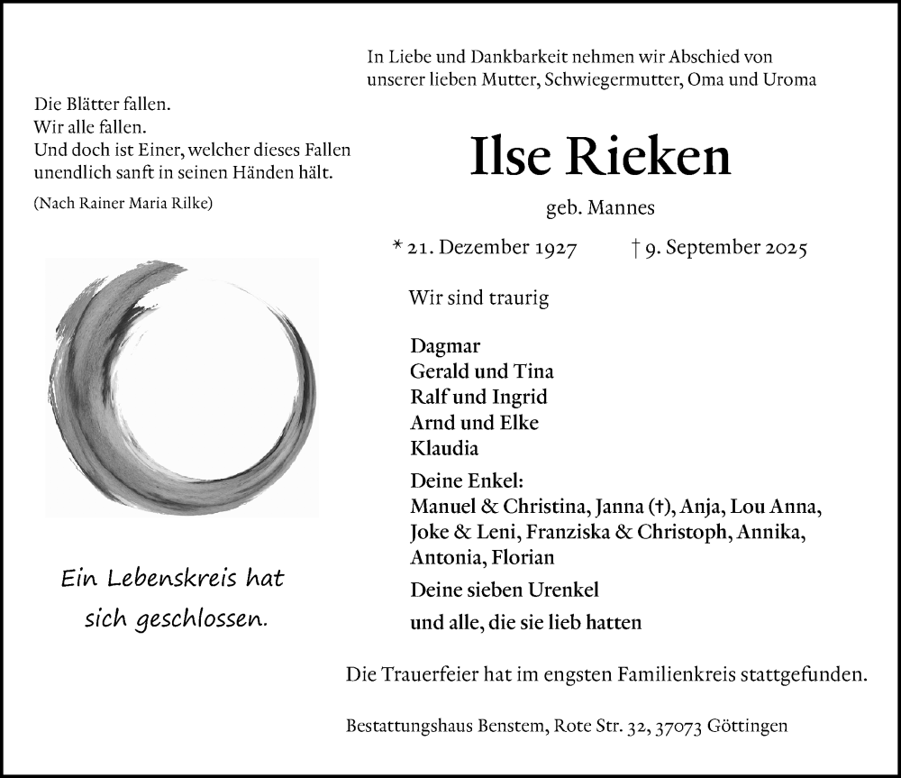  Traueranzeige für Ilse Rieken vom 20.09.2025 aus Göttinger Tageblatt