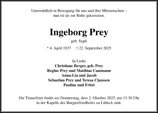 Traueranzeige von Ingeborg Prey von Lübecker Nachrichten