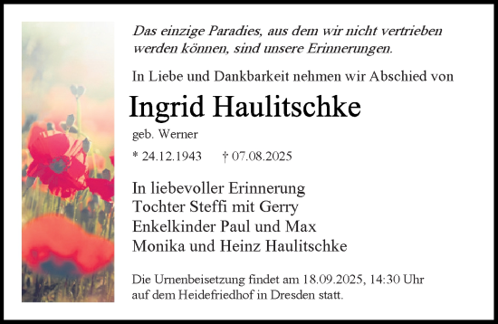 Traueranzeige von Ingrid Haulitschke von Sächsische Zeitung