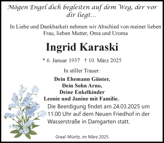 Traueranzeige von Ingrid Karaski von Ostsee-Zeitung GmbH