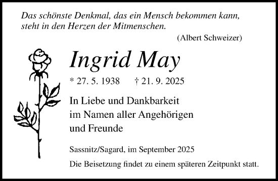 Traueranzeige von Ingrid May von Ostsee-Zeitung GmbH