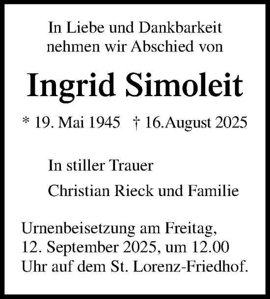 Traueranzeige von Ingrid Simoleit von Lübecker Nachrichten
