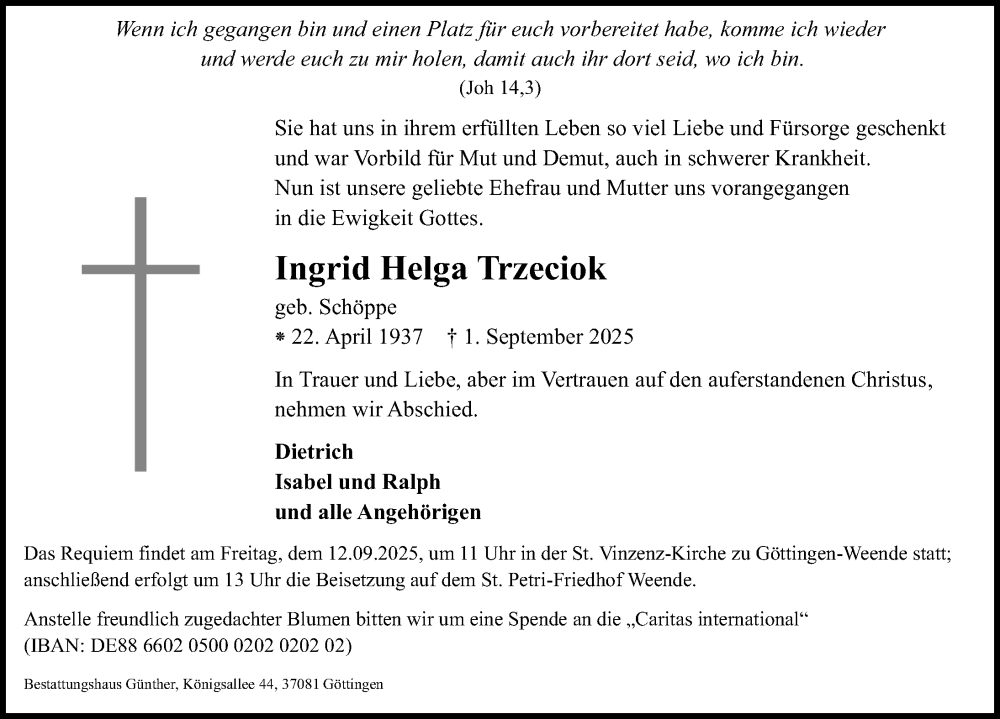  Traueranzeige für Ingrid Helga Trzeciok vom 06.09.2025 aus Göttinger Tageblatt