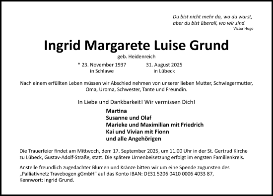 Traueranzeige von Ingrid Margarete Luise Grund von Lübecker Nachrichten